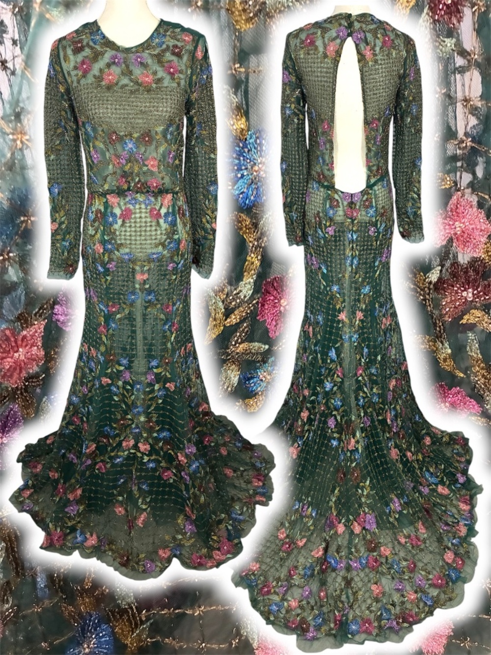 Monique Lhuillier Beaded Floral Gown 12 Embroidered Mesh Lace Green Runway Dress